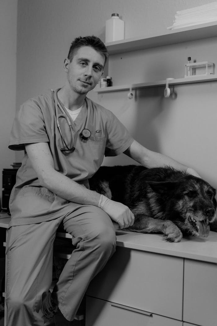 A veterinarian in scrubs examines a dog on a clinic table. Black and white photo.
